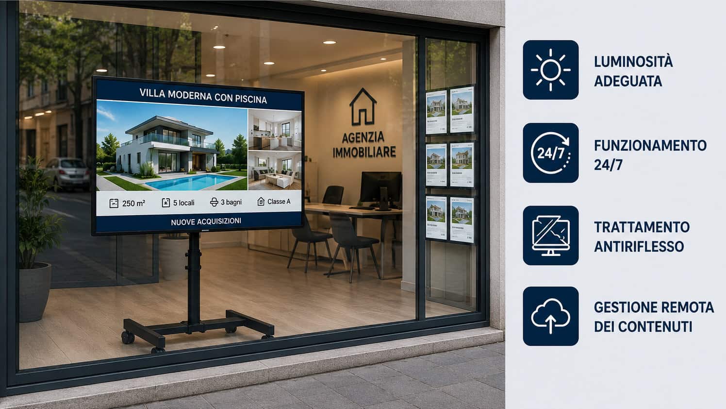 Qualità e tecnologie per vetrine immobiliari Quali caratteristiche deve avere un monitor vetrina agenzia immobiliare?