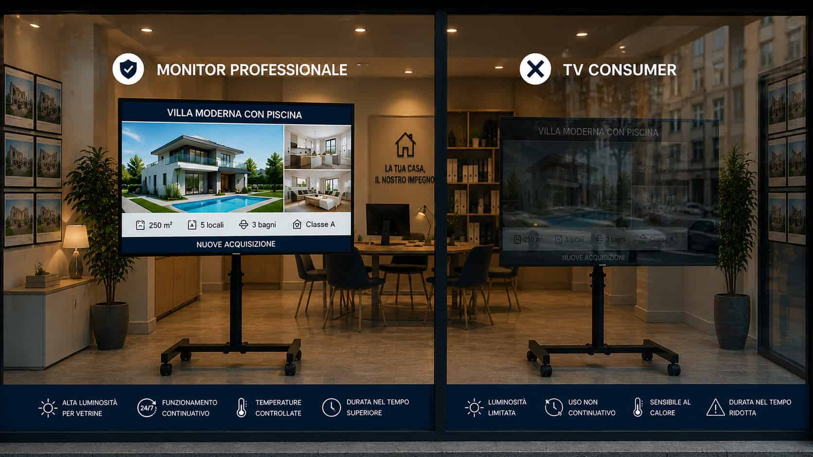 Vetrina comparativa: monitor professionale vs TV consumer Monitor vetrina agenzia immobiliare o TV?